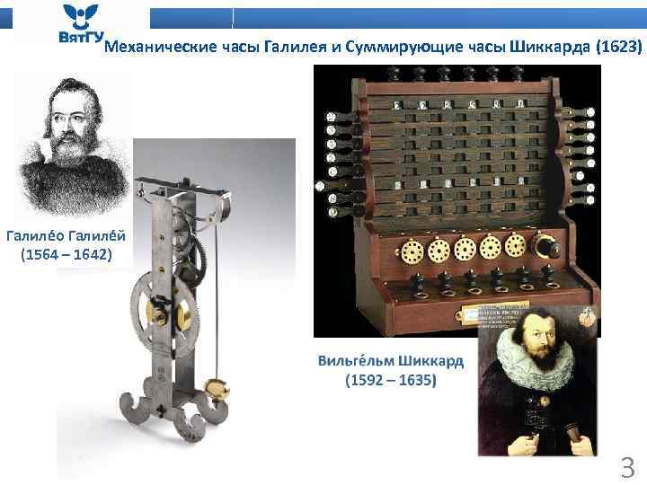 Механические часы Галилея и Суммирующие часы Шиккарда (1623) Галиле о Галиле й (1564 –