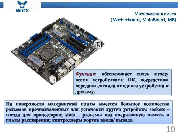 Материнская плата (Motherboard, Main. Board, MB) Функция: обеспечивает связь между всеми устройствами ПК, посредством