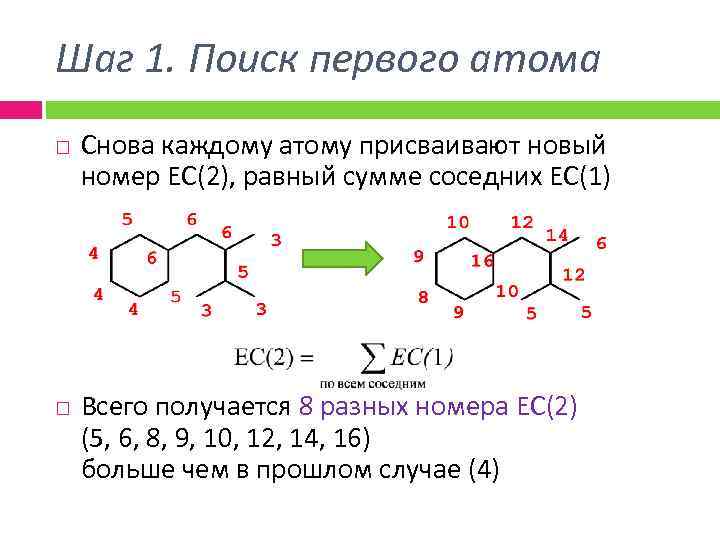 Шаг 1. Поиск первого атома Снова каждому атому присваивают новый номер ЕС(2), равный сумме