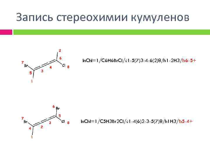 Запись стереохимии кумуленов In. Ch. I=1/C 6 H 6 Br. Cl/c 1 -5(7)3 -4