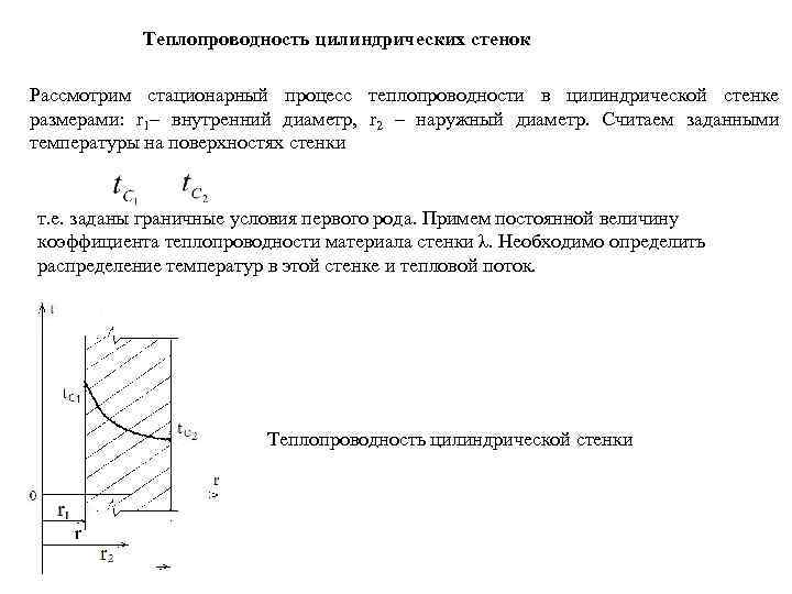 Теплопроводность цилиндрических стенок Рассмотрим стационарный процесс теплопроводности в цилиндрической стенке размерами: r 1– внутренний