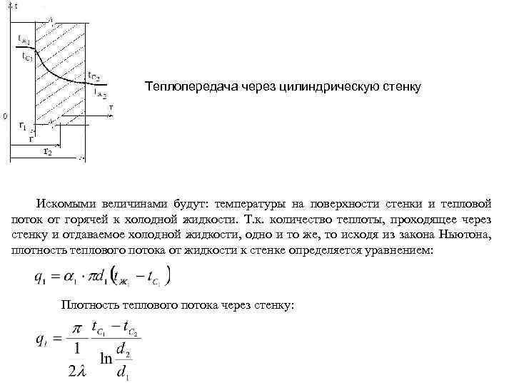 Теплопередача через цилиндрическую стенку Искомыми величинами будут: температуры на поверхности стенки и тепловой поток