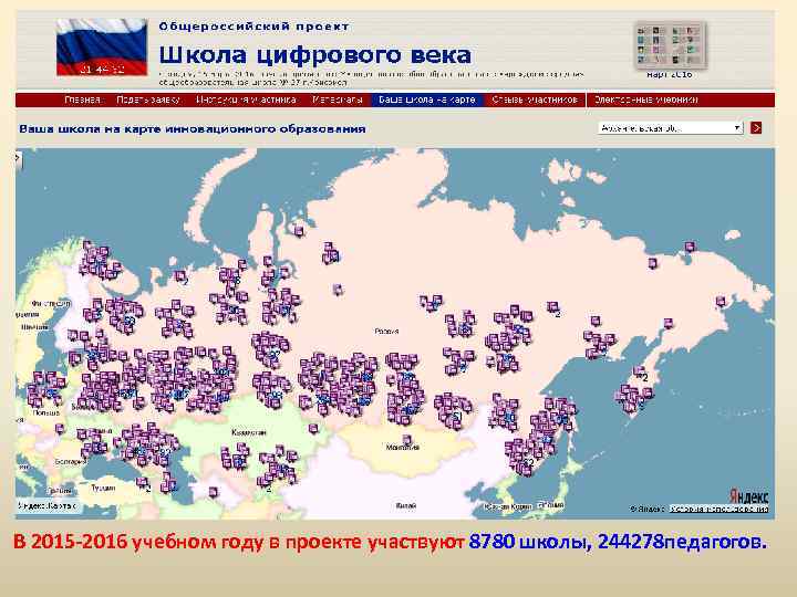 В 2015 -2016 учебном году в проекте участвуют 8780 школы, 244278 педагогов. 