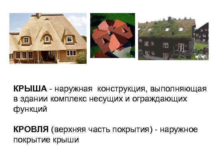 КРЫША - наружная конструкция, выполняющая в здании комплекс несущих и ограждающих функций КРОВЛЯ (верхняя