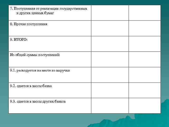 7. Поступления от реализации государственных и других ценных бумаг 8. Прочие поступления 9. ИТОГО: