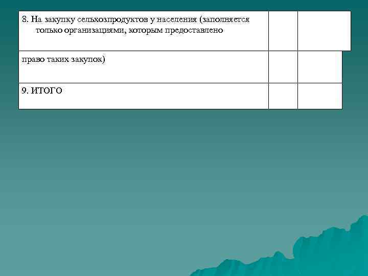 8. На закупку сельхозпродуктов у населения (заполняется только организациями, которым предоставлено право таких закупок)