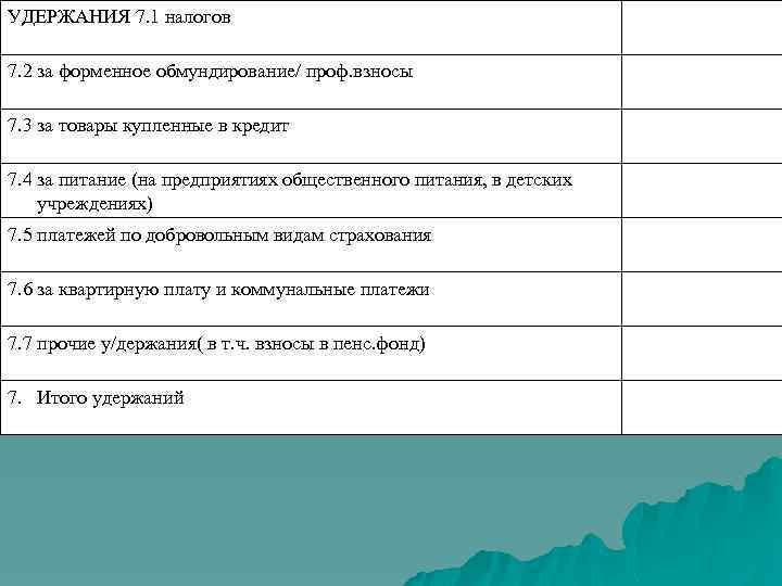 УДЕРЖАНИЯ 7. 1 налогов 7. 2 за форменное обмундирование/ проф. взносы 7. 3 за