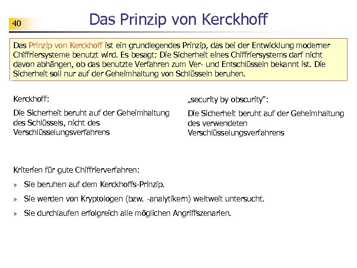 Das Prinzip von Kerckhoff 40 Das Prinzip von Kerckhoff ist ein grundlegendes Prinzip, das