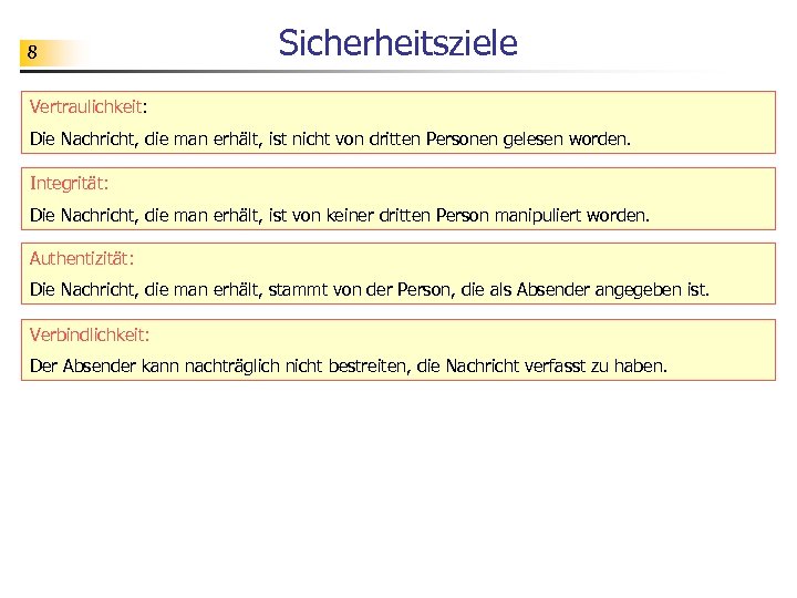 8 Sicherheitsziele Vertraulichkeit: Die Nachricht, die man erhält, ist nicht von dritten Personen gelesen