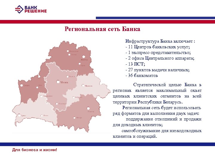 Региональная сеть Банка Инфраструктура Банка включает : - 11 Центров банковских услуг; - 1
