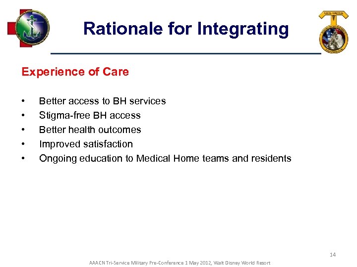 Rationale for Integrating Experience of Care • • • Better access to BH services