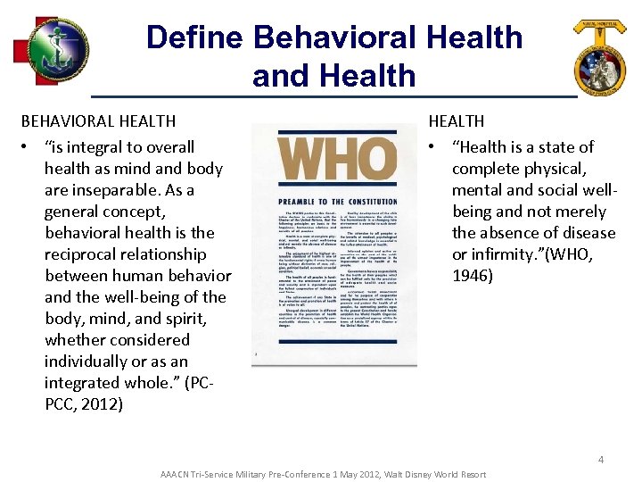 Define Behavioral Health and Health BEHAVIORAL HEALTH • “is integral to overall health as