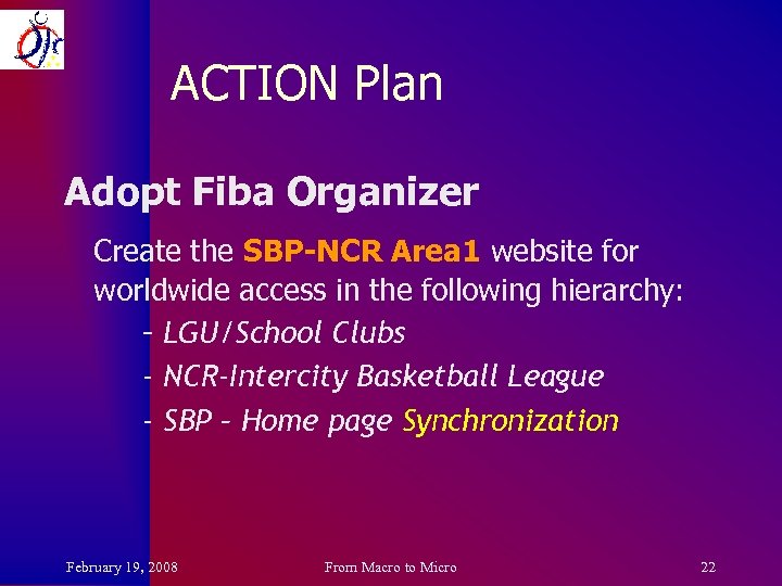 ACTION Plan Adopt Fiba Organizer Create the SBP-NCR Area 1 website for worldwide access