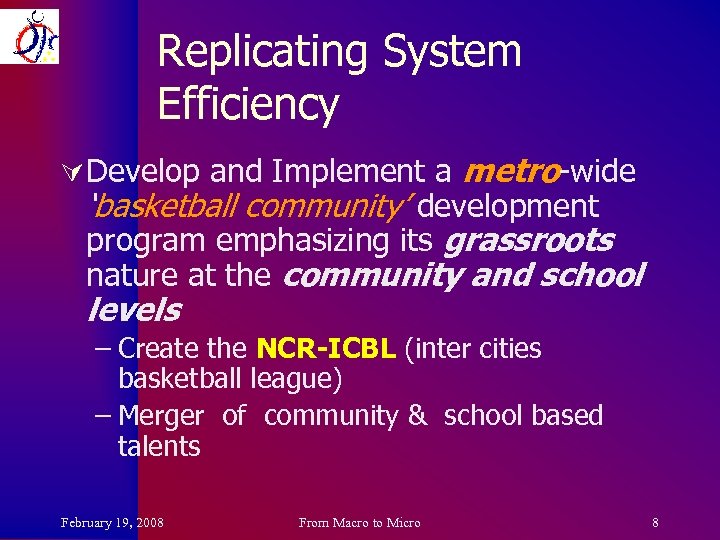 Replicating System Efficiency Ú Develop and Implement a metro-wide ‘basketball community’ development program emphasizing
