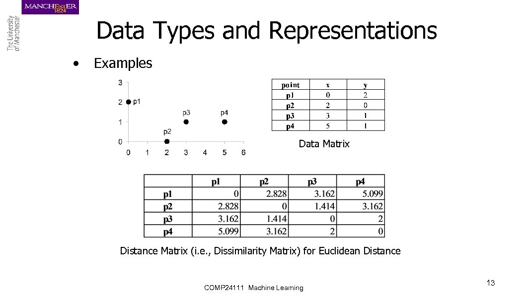 Data Types and Representations • Examples Data Matrix Distance Matrix (i. e. , Dissimilarity