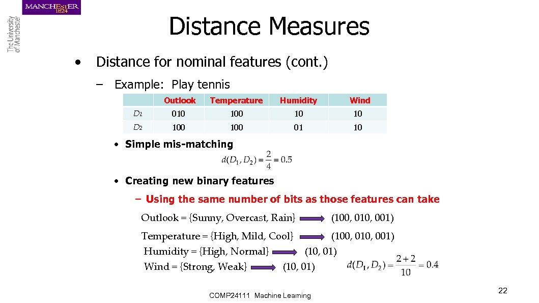 Distance Measures • Distance for nominal features (cont. ) – Example: Play tennis Outlook