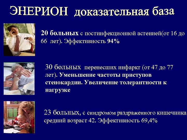 20 больных с постинфекционной астенией(от 16 до 66 лет). Эффективность 94% 30 больных перенесших