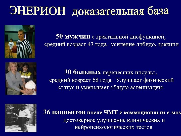 50 мужчин с эректильной дисфункцией, средний возраст 43 года. усиление либидо, эрекции 30 больных