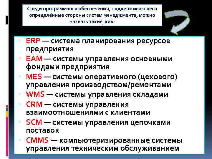 Среди программного обеспечения, поддерживающего определённые стороны систем менеджмента, можно назвать такие, как: ERP —