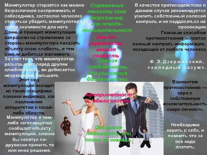 Манипулятор старается как можно Стремление В качестве противодействия в безразличней воспринимать и данном случае
