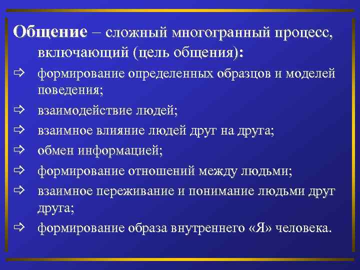 Общение – сложный многогранный процесс, включающий (цель общения): _ формирование определенных образцов и моделей