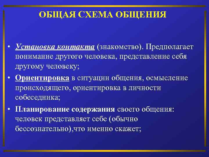 ОБЩАЯ СХЕМА ОБЩЕНИЯ • Установка контакта (знакомство). Предполагает понимание другого человека, представление себя другому