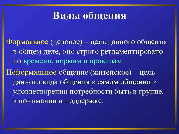 Виды общения Формальное (деловое) – цель данного общения в общем деле, оно строго регламентировано