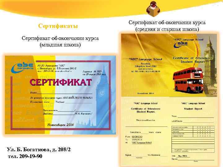 Сертификаты Сертификат об окончании курса (младшая школа) Ул. Б. Богаткова, д. 208/2 тел. 209