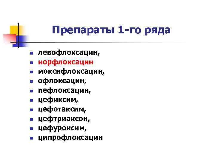 Препараты 1 -го ряда n n n n n левофлоксацин, норфлоксацин моксифлоксацин, офлоксацин, пефлоксацин,