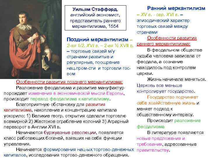 Уильям Стаффорд, английский экономист, представитель раннего меркантилизма, 1554 Ранний меркантилизм – XV в. -