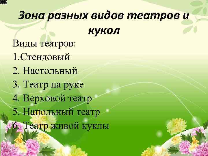 Зона разных видов театров и кукол Виды театров: 1. Стендовый 2. Настольный 3. Театр