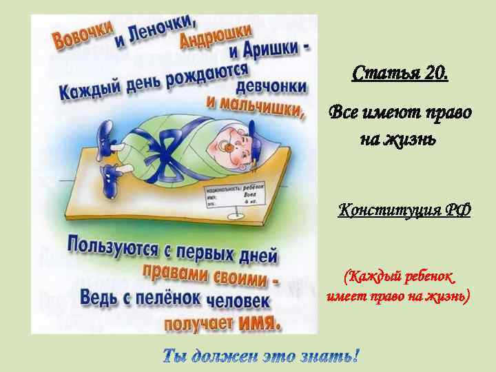 Статья 20. Все имеют право на жизнь Конституция РФ (Каждый ребенок имеет право на