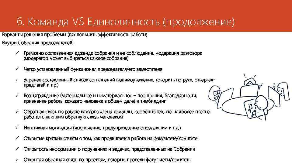 6. Команда VS Единоличность (продолжение) Варианты решения проблемы (как повысить эффективность работы): Внутри Собрания