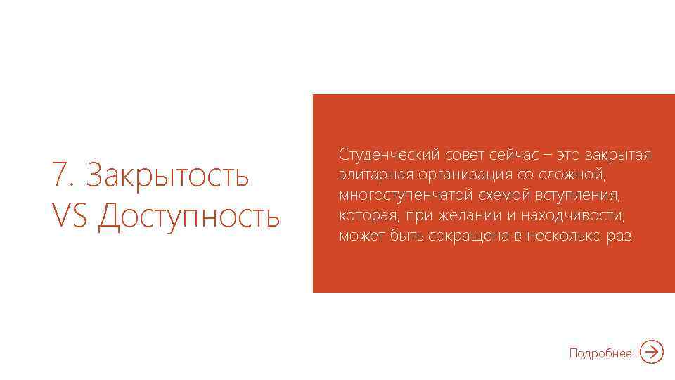 7. Закрытость VS Доступность Студенческий совет сейчас – это закрытая элитарная организация со сложной,