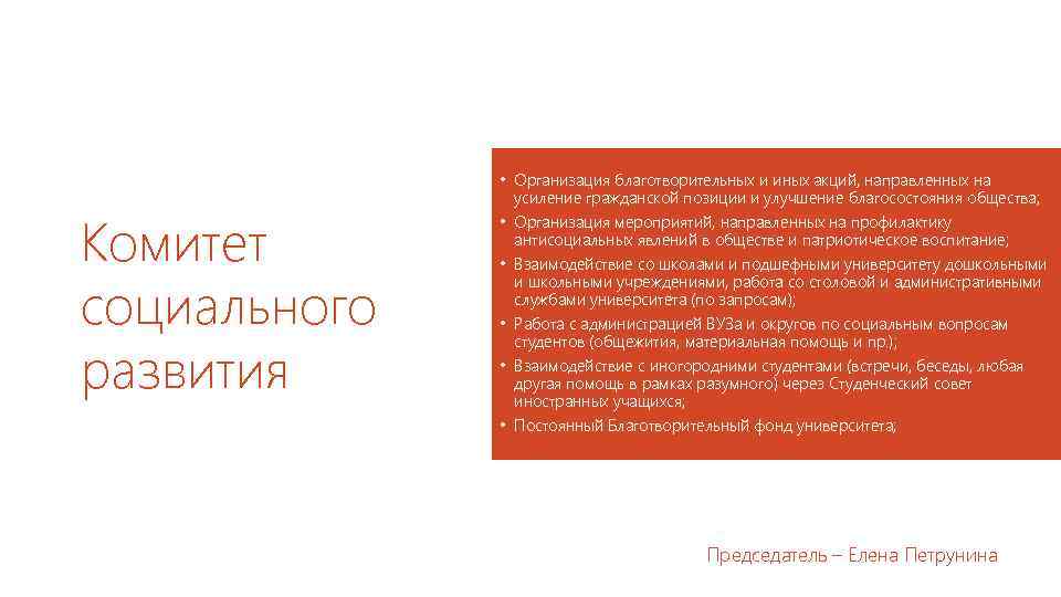 Комитет социального развития • Организация благотворительных и иных акций, направленных на усиление гражданской позиции
