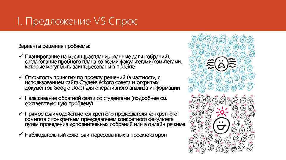 1. Предложение VS Спрос Варианты решения проблемы: ü Планирование на месяц (распланированные даты собраний),