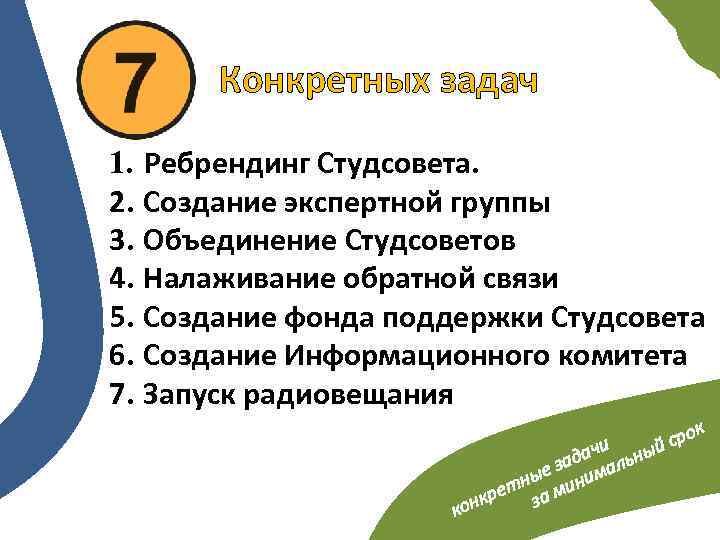 Конкретных задач 1. Ребрендинг Студсовета. 2. Создание экспертной группы 3. Объединение Студсоветов 4. Налаживание