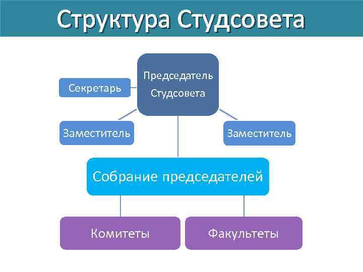 Структура Студсовета Секретарь Председатель Студсовета Заместитель Собрание председателей Комитеты Факультеты 