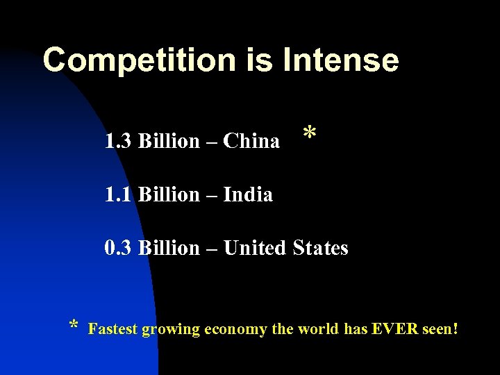 Competition is Intense 1. 3 Billion – China * 1. 1 Billion – India