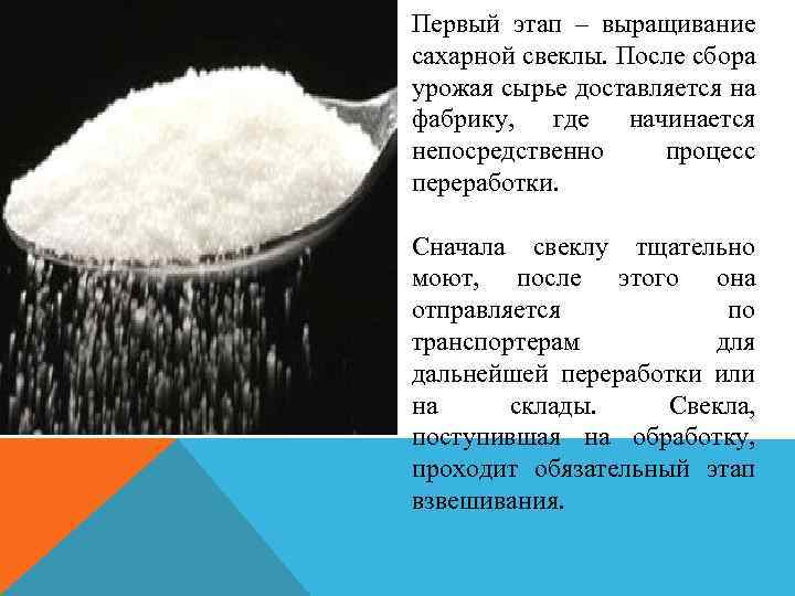  Первый этап – выращивание сахарной свеклы. После сбора урожая сырье доставляется на фабрику,