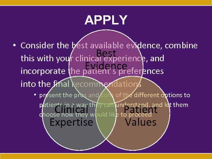 APPLY • Consider the best available evidence, combine Best this with your clinical experience,