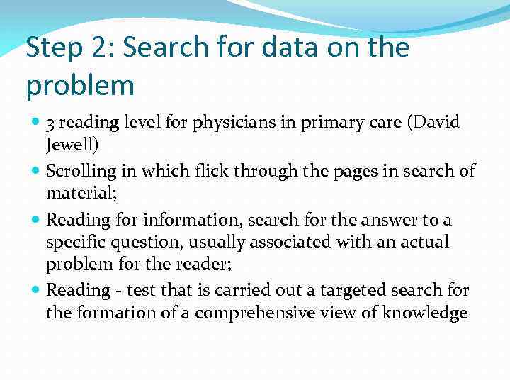 Step 2: Search for data on the problem 3 reading level for physicians in