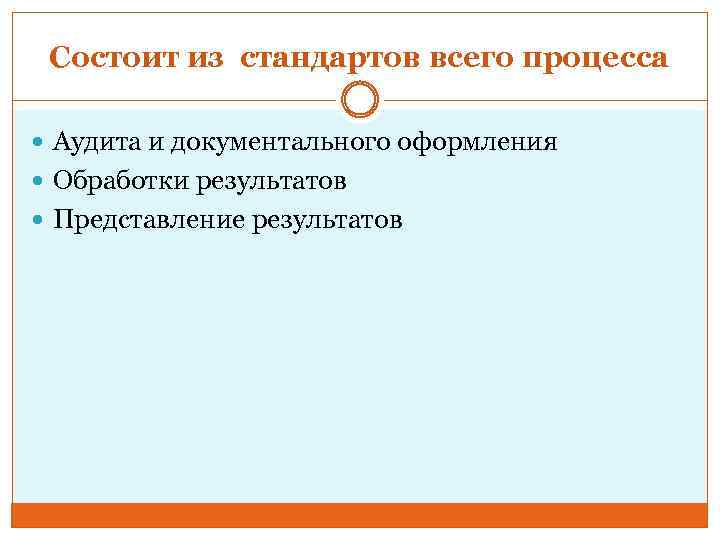 Состоит из стандартов всего процесса Аудита и документального оформления Обработки результатов Представление результатов 