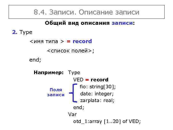 8. 4. Записи. Описание записи Общий вид описания записи: 2. Type <имя типа >