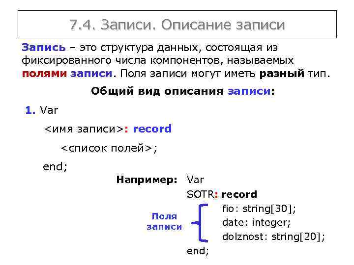 7. 4. Записи. Описание записи Запись – это структура данных, состоящая из фиксированного числа