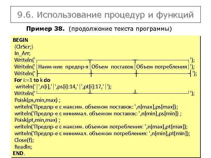 9. 6. Использование процедур и функций Пример 38. (продолжение текста программы) BEGIN {Clr. Scr;