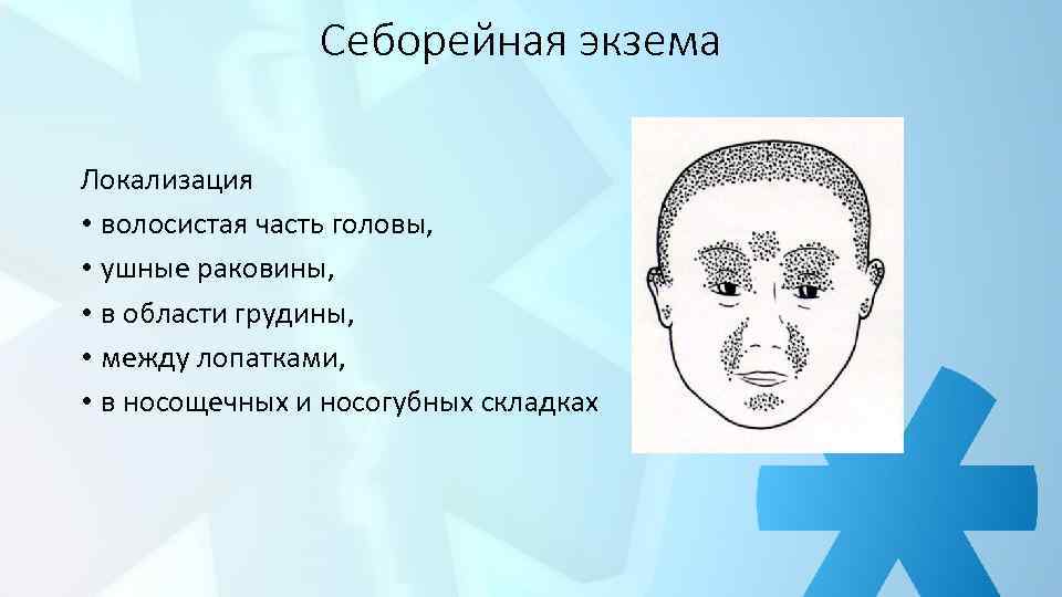 Себорейная экзема Локализация • волосистая часть головы, • ушные раковины, • в области грудины,