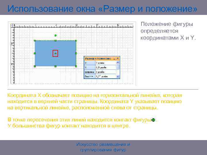 Использование окна «Размер и положение» Положение фигуры определяется координатами X и Y. Координата X