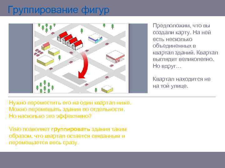 Группирование фигур Предположим, что вы создали карту. На ней есть несколько объединенных в квартал