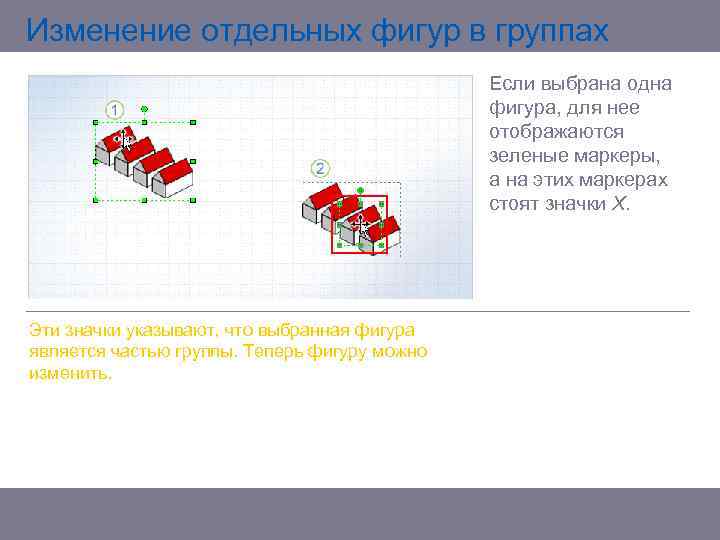 Изменение отдельных фигур в группах Если выбрана одна фигура, для нее отображаются зеленые маркеры,